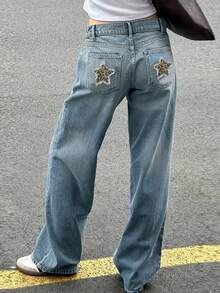 Y2K休闲日常穿搭水洗猫须后袋豹纹星形拼接直筒牛仔裤 - 藍色 - 查看 3