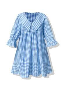 Plus Size Blue & White Plaid A-Line Mini Skirt, Ruffle Trim Detail, Deep V-Neck, Flared Sleeves, Woven Fabric, Pleated Ruffle Hem, Perfect For Picnics - Blue and White Checkered - View 7