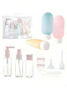 Juego de botellas rellenables para viajar con atomizador, loción, champú, gel de ducha, tubos y contenedores cosméticos vacíos para líquidos portátiles. Herramienta organizadora de viaje para vacaciones de verano, vuelta al cole