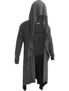 Men's Long Hooded Cardigan Ruffle Shawl Collar Drape Cape Overcoat Asymmetric Hem Open Front Hooded Cardigan - Grey - View 8