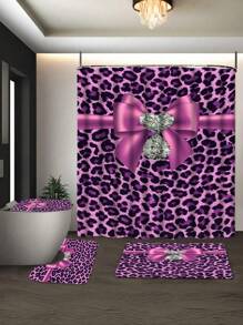 1/4 Piece Purple Leopard Print Diamond Bow Bathroom Set, Includes Shower Curtain With Hooks, Anti-Slip Rug, U-Shaped Toilet Mat, Toilet Seat Cover, Bedroom & Home Decor, Bathroom Decoration And Accessories, Holiday Gift!