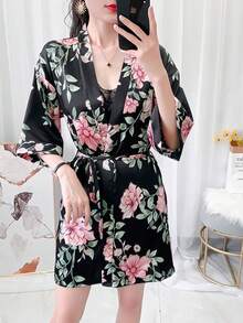 Silky Floral Print Short Sleeve Robe For Women, Sexy Lightweight Ankle Length Robe Suitable For Loungewear And Outerwear - Multicolor - View 1