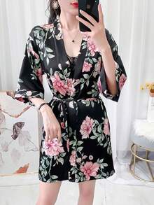 Silky Floral Print Short Sleeve Robe For Women, Sexy Lightweight Ankle Length Robe Suitable For Loungewear And Outerwear - Multicolor - View 2