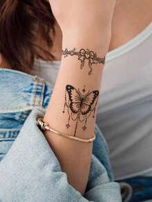 1pc Juice Semi-Permanent Magical Tattoo Sticker With Butterfly, Tassel, Floral, Palm Tree Patterns, Holiday Gift, 7-14 Days Waterproof, Non-Reflective Temporary Tattoo Sticker For Finger, Ear, Shoulder, Neck, Collarbone, Body - Blue - View 5