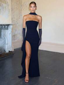 Strapless Sexy Fitted Slit Flowy Dress, Bridesmaid Dress, Halloween Christmas Party Dress, Elegant - Navy Blue - View 1