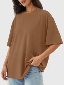 Speed mate Solid Color Dropped Shoulder Loose T-Shirt, Unisex - Brown - View 3