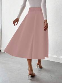 女士优雅通勤黑色松紧腰高腰半身裙，秋冬 - 淺粉色 - 查看 3