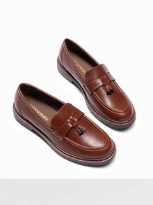 Women Flats Loafers, Chunky Heel, Slip On, Round Toe Loafer, Comfortable Dressy Casual Business Office, Commute Dress Shoes - 棕色 - 查看 1