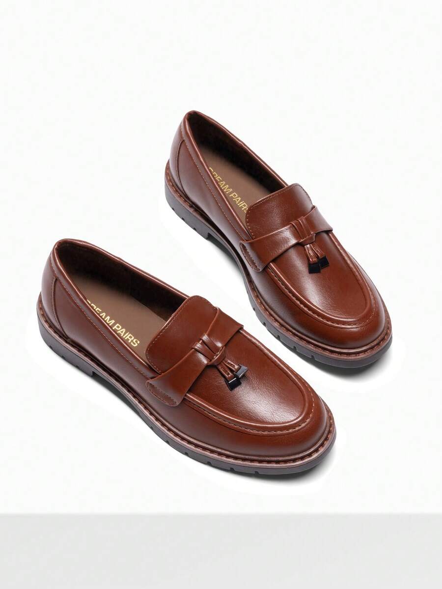 Women Flats Loafers, Chunky Heel, Slip On, Round Toe Loafer, Comfortable Dressy Casual Business Office, Commute Dress Shoes - 棕色 - 查看 1