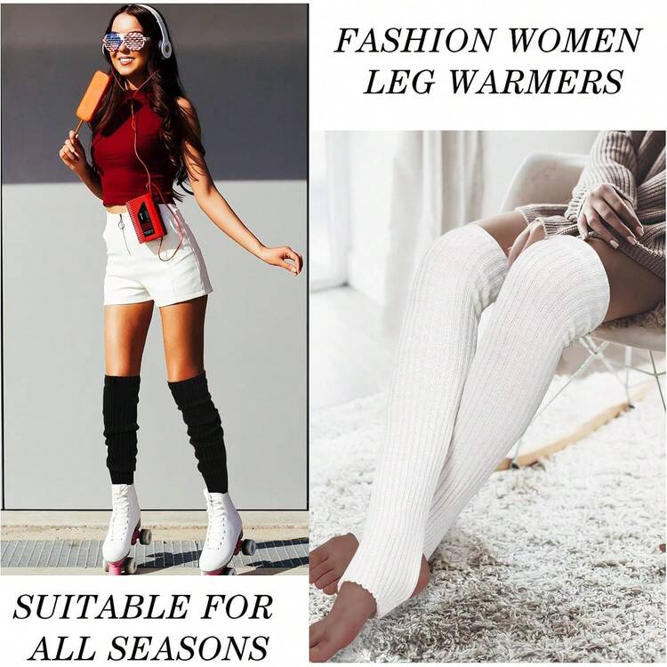 Long Leg Warmers Women 24 Inch Over Knee Knit Ribbed Leg Warmer Stirrup Yoga 80s Party Dance Ballet Supply - 黑色 - 查看 11