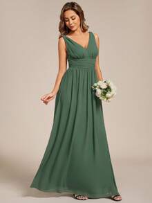 EVERPRETTY Vestido de Dama de Honra Formal Longo Maxicom Decote em V, Sem Mangas, Franzido, em Verde Oliva Elegante de Chiffon para Casamento e Formatura