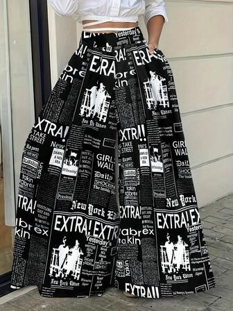 Women's Random Print Minimalist High Waisted Daily Pants, Elegant Summer/Spring