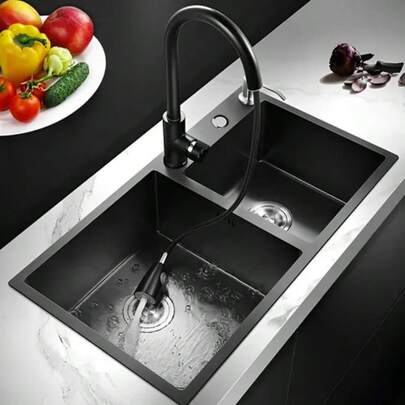 Lavamanos de cocina de acero inoxidable 304 negro - 3 salidas de agua - dimensión 80x45cm