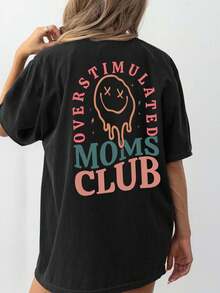 Women's Summer Overstimulation Mom Club Graphic Print Round Neck Short Sleeve Simple Casual Everyday Black Plus Size T-Shirt Tops, Mom Birthday Graphic Print Ladies Tops, Fun Mom Prints Ladies Summer Clothing, Face Letter Prints Summer Tops