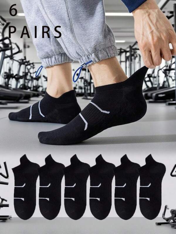 6 Pairs Unisex Basic Sport Socks, Black With White Stripes Design, Practical Sports Style For Daily Fitness/Casual Occasions