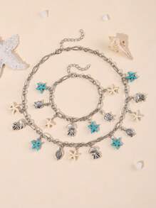 2pcs/Set Starfish & Sea Turtle Necklace And Bracelet Set