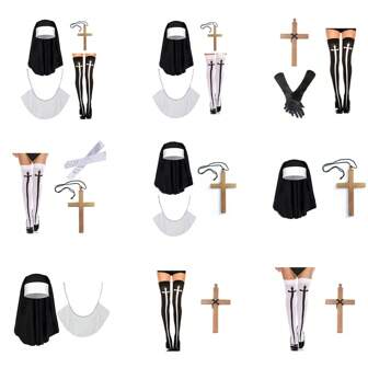 2/3/4 Halloween Nun Costume Accessories Nun Hat Cross Pendant Necklace Cross Thigh High Sock For Halloween Cosplay Party