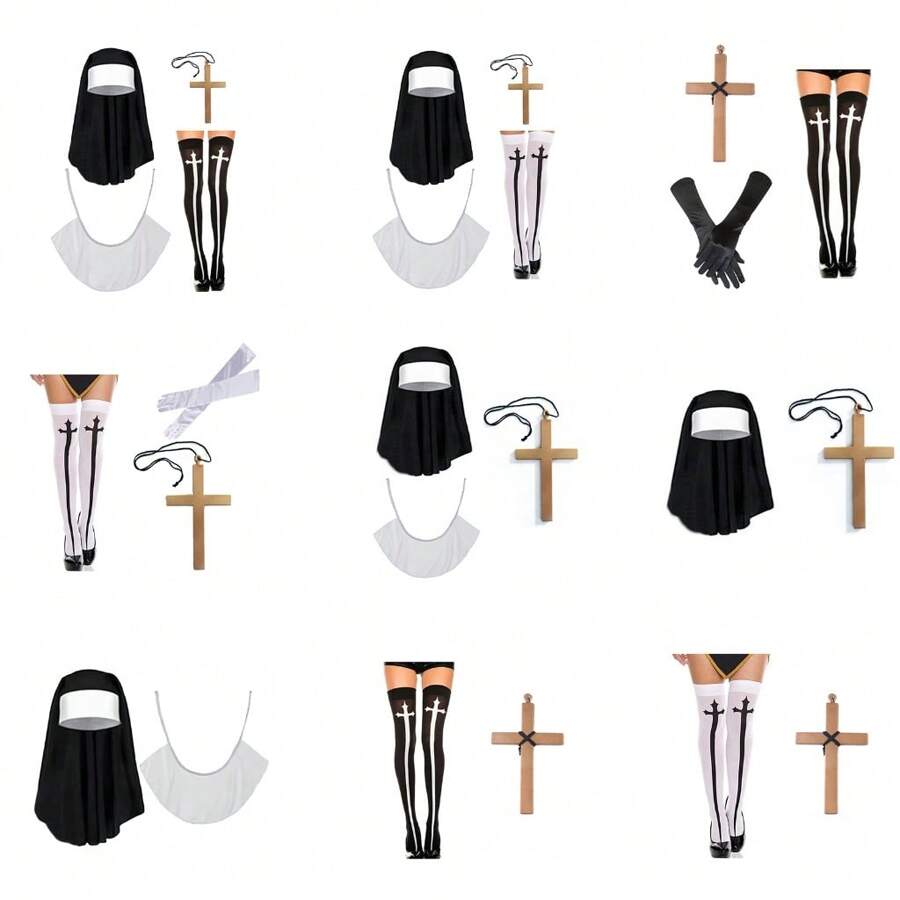 2/3/4 Halloween Nun Costume Accessories Nun Hat Cross Pendant Necklace Cross Thigh High Sock For Halloween Cosplay Party