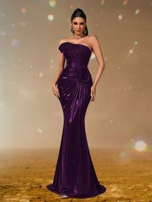 Elisanya 女士紫色天鹅绒单肩晚礼服，优雅紧身美人鱼礼服，露肩修身舞会礼服，奢华伴娘礼服，性感派对礼服，适合盛大婚礼活动 - 紫色 - 查看 6