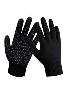 1 Pair Black Full Finger Knit Touchscreen Gloves, Warm Lining, Windproof For Cycling - Black - View 3
