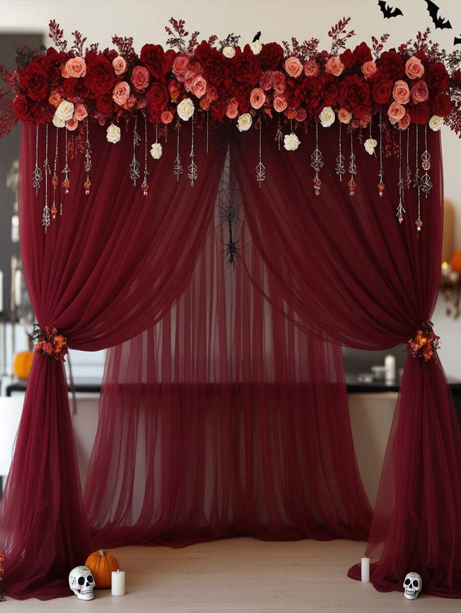Wine Red Wedding Arch Curtain Tulle Polyester Fabric, 1-Piece Package, With Dimensions Of 75 Cm / 160 Cm * 600 Cm / 800 Cm. Transparent Background Curtain, Perfectly Suitable For Wedding Party Ceiling Decoration, Table Runner, Chair Back Decoration, And Various Event Scenes Such As Weddings, Engagements, Valentine's Day, Halloween, Christmas, Mother's Day, Birthday Parties, Graduation Ceremonies, And Banquet Decorations.