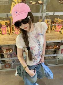 夏季美式扎染涂鸦印花圆领插肩袖女士T恤 - 淡紫色 - 查看 3