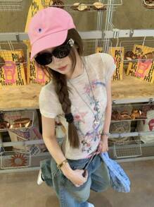 Summer American Tie-Dye Graffiti Print Round Neck Raglan Sleeve T-Shirt For Women