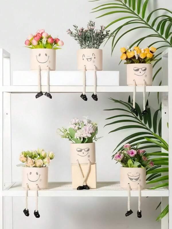 1 Set de Macetas de cerámica con muñecas colgantes, diseño de emoticonos, adornos hechos a mano, macetas decorativas redondas para suculentas y plantas pequeñas simuladas