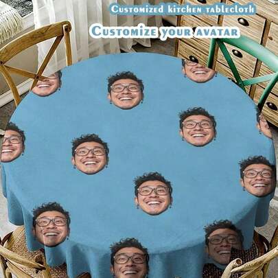 1pc Customized Round Tablecloth - Personalized With Your Portrait, Washable & Stain-Resistant Polyester Fabric, Suitable For Christmas, Halloween, Valentine's Day, New Year, Easter, Thanksgiving, Father's Day, Mother's Day Decoration And Gift. Add A Special Touch To Your Holidays, A Perfect Gift For Your Girlfriend, Boyfriend, Wife Or Husband.