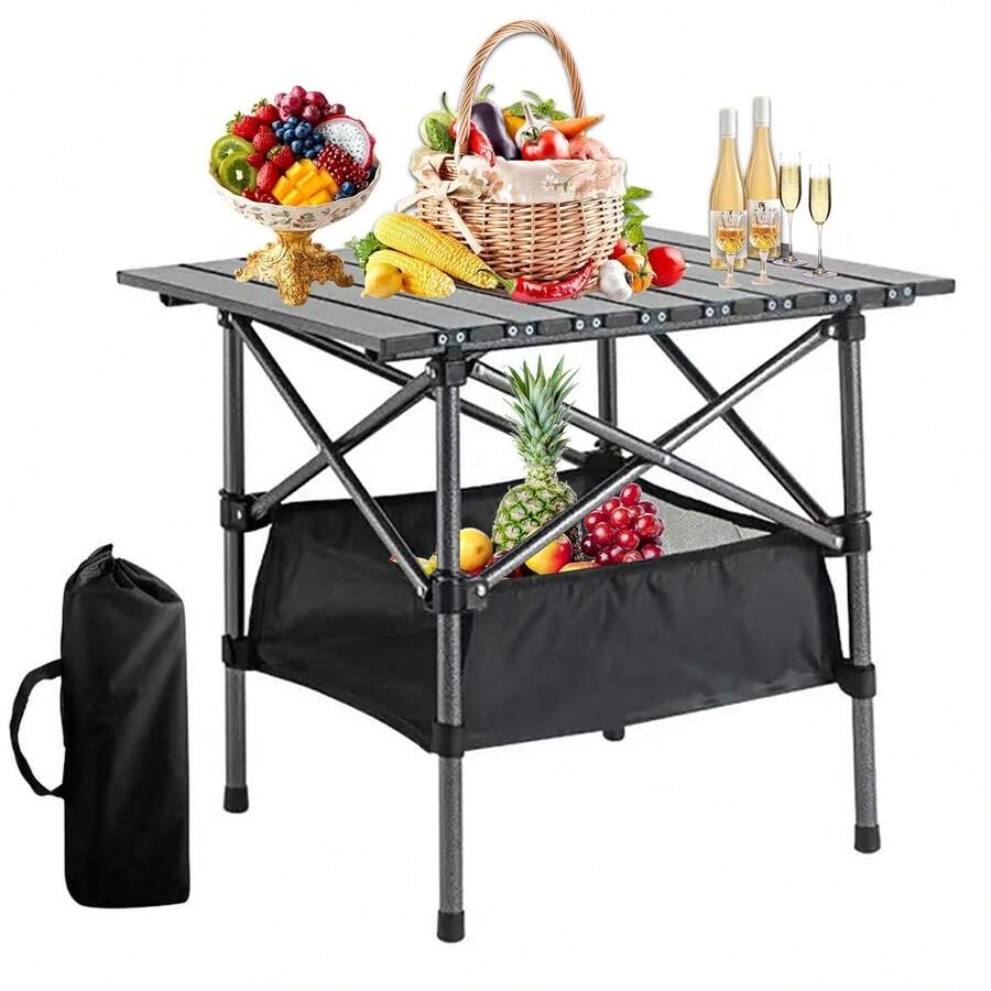 Mesa Plegable Impermeable con Bolsillo de Malla para Jardin,Camping,Viaje,Robusto Acero al Carbono - Negro - Ver 1