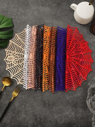 1/2/4pcs Halloween Spider Web PVC Gold Foil Placemats, Hotel Restaurant Decoration Heat-Resistant Anti-Slip Dining Table Mats, Suitable For Weddings, Parties, Valentine's Day, Halloween, Thanksgiving, Holidays, Picnics, Birthday Banquets