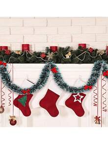 7pcs/1pc Christmas Tinsel Garland, Dark Green Frost Tip Metallic Garland With 6/12pcs Red Bows, Artificial Xmas Garland For Home Indoor Outdoor Christmas Tree Decoration, Holiday Wedding Party Supplies