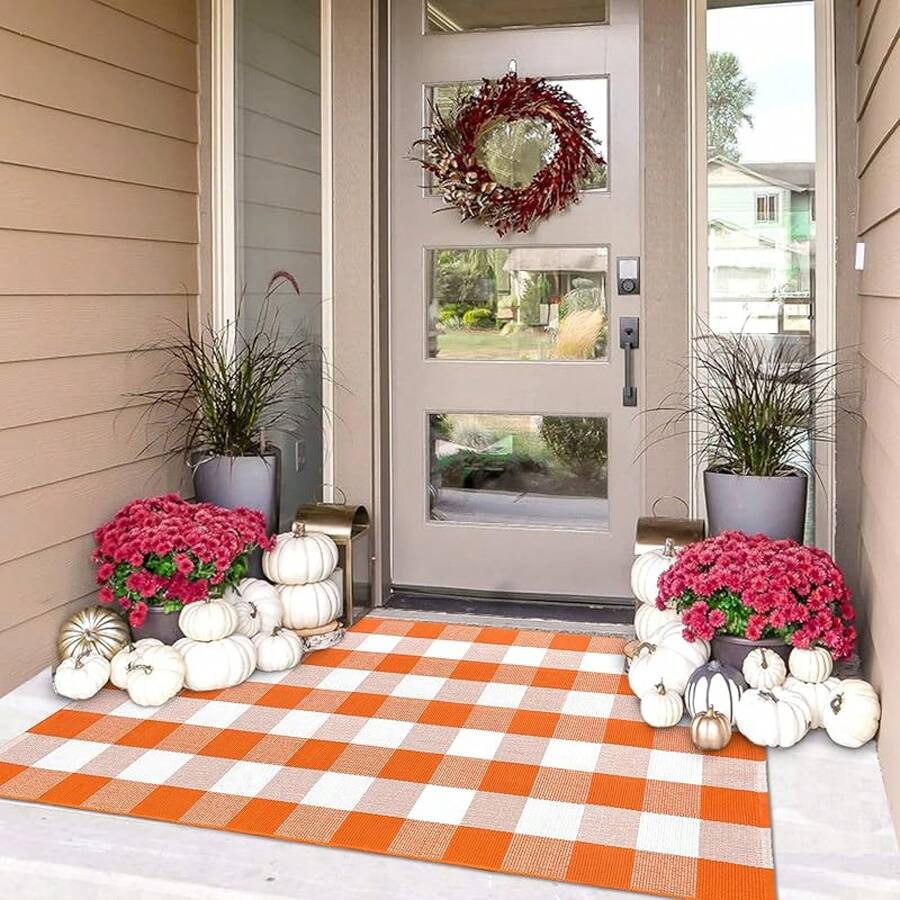 Door 27.5 X 43 Red White Striped Washable Area Rug Front Porch, Winter Decor - Orange and White - View 1