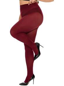 Plus Size Tights For Women, Ultra Soft Solid Color Semi-Opaque Pantyhose, Nylon High Waist Stockings 1X 2X 3X 4X - Màu Đỏ Sâu - Xem 2