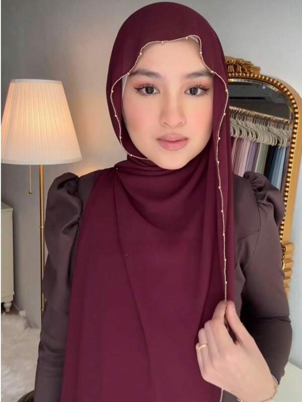 1 Pezzo Sciarpa Hijab Abaya da donna in chiffon con catena dorata e perline, colore tinta unita, accessorio elegante e alla moda per capelli, adatto per viaggi quotidiani, partecipazione a banchetti di vacanze importanti, regali per vacanze