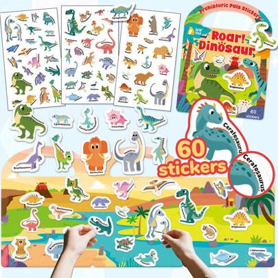 beartale 60 قطعة مجموعة ملصقات ديناصورات ملونة، أكثر من 50 ملصق بموضوع عيد الميلاد، أكثر من 45 ملصق بموضوع الفضاء، ملصقات بموضوع الحشرات والكلاب، كتاب ملصقات قابل لإعادة الاستخدام للأطفال، ملصقات مقاومة للماء مطبوعة على وجهين بديناصورات وحيوانات لأنشطة تعليمية ولألعاب هادئة، قصص، سفر، هدايا عيد الميلاد وعودة إلى المدرسة