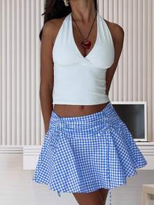 Women Ruched Gingham Skirt Low Rise Tie-Up Bow A-Line Mini Ruffle Skirt Casual Summer Streetwear - Blue - View 2