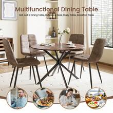Dining Table And Chairs Set Of 2, Folding Round Dining Table With 4 PU Leather Chairs For Dining Room,Kitchen,Living Room - Brown Table + 4 Grey Linen Chairs - View 11
