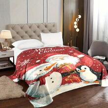 1 Piece Cozy Fleece Blanket With Santa, Snowman, And Penguin - Soft, Warm Polyester Throw With 'Merry' Text, Suitable Naps, Camping, Travel, Office, And Home Decoration - Holiday Friends And Family - Grey - View 5