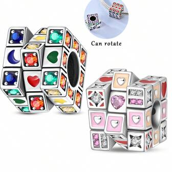 1 Pieza Charm de cuentas de cubo mágico rotatorio de color plateado y esmalte colorido, adecuado para pulseras, collares y elaboración de joyas DIY, diseño único para fiesta y uso diario