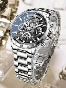 GUANQIN 1 Stück wasserdichte leuchtende Skelett Uhr mit Chronograph Kalender Multifunktions-Zifferblatt, kratzfestes Edelstahlarmband, modischer, luxuriöser, sportlicher, klassischer, einfacher, legerer mechanischer Stil, automatische Quarzuhr, geeignet als Geschenk zum Vatertag, für Studenten, Feste, Dates, Büro, Alltag