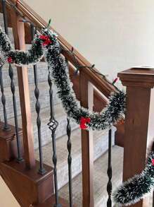 7pcs/1pc Christmas Tinsel Garland, Dark Green Frost Tip Metallic Garland With 6/12pcs Red Bows, Artificial Xmas Garland For Home Indoor Outdoor Christmas Tree Decoration, Holiday Wedding Party Supplies