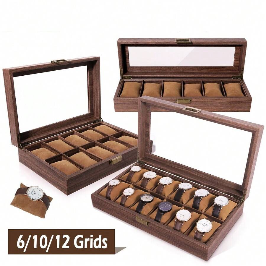 6-12 Grids Wooden Watch Box Jewellry Display Storage Organiser Case Gift For Men Back To School Dormitory Storage - Brown - View 1