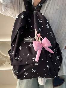 1pc Minimalist Large Capacity Bow Print Backpack With Bow Decor, Cute, School Backpack - Black - View 3