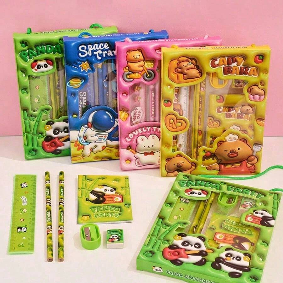 [Back To School Essentials] 1Set/6pcs Cartoon Animal Stationery - Adorable Pencil Case, Erasers, And Stickers With Inspiring Designs, Essential Classroom/Study Supplies For Backpack School Stationery Stitch Pencil Case For School Pens Stich Notebooks Pencil Case Stationery Things For School School Stationery Desk Games Sticker Books School Stationery Piggy Bank One Piece Graduation Colors Highlighters