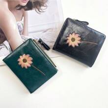 1pc Women Short Sunflower Embroidered Bifold Wallet, Retro Fashionable Sunflower Zipper Coin Purse, Suitable For Girls, Ladies, Career Starters And Office Workers, Great For Work, Business Trip, Commute, Outing And Travel