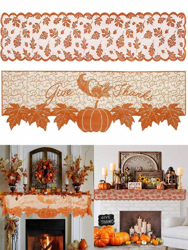1/2 pièces Décoration d'automne pour la Thanksgiving, Couverture pour cheminée, Couverture de cheminée avec citrouille en dentelle orange, feuille d'érable, Décoration d'automne pour la maison, Décoration de cheminée pour la Thanksgiving