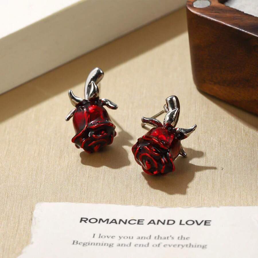 1 Pair Gothic Vintage Rose Studs Earrings, Unique Design, Fashion Accessory For Women Everyday/Festival/Party Wear, Elegant Punk Style, Perfect Halloween Or Valentine's Day Gift For Girlfriend