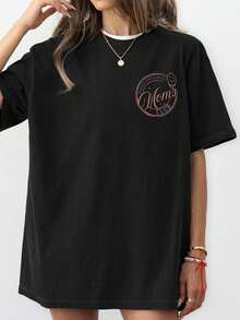 Women's Summer Overstimulation Mom Club Graphic Print Round Neck Short Sleeve Simple Casual Everyday Black Plus Size T-Shirt Tops, Mom Birthday Graphic Print Ladies Tops, Fun Mom Prints Ladies Summer Clothing, Face Letter Prints Summer Tops