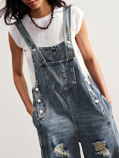 Bohemela Bộ đồ liền quần denim ống rộng rách rưới bỏ túi dành cho nữ